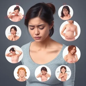 पीरियड आने से पहले गर्भवती होने के लक्षण जैसे चक्कर आना, ब्रेस्ट में कोमलता, और हल्का ऐंठन महसूस करती हुई महिला।